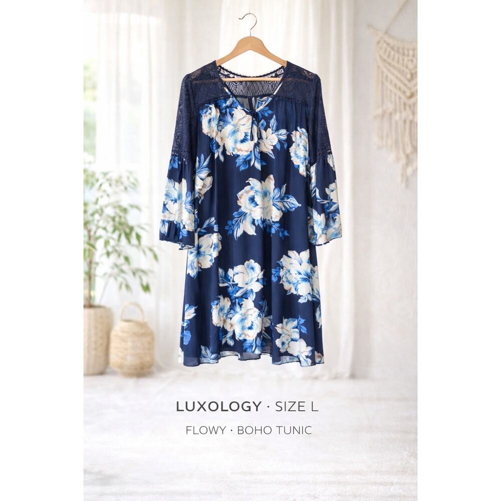 Luxology Floral Tunic Dress Blue Sheer Overlay Lace Detail Size Large